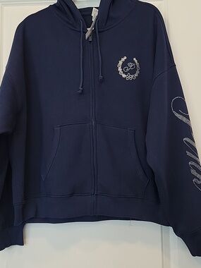 PINK VS Ivy Fleece Campus Rhinestone Full Zip Hoodie Sweatshirt Navy Large NWT